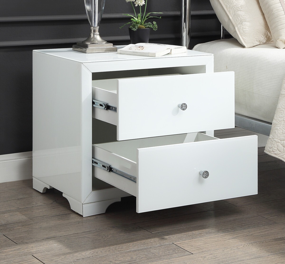 Boulevard White Glass Bedside Table