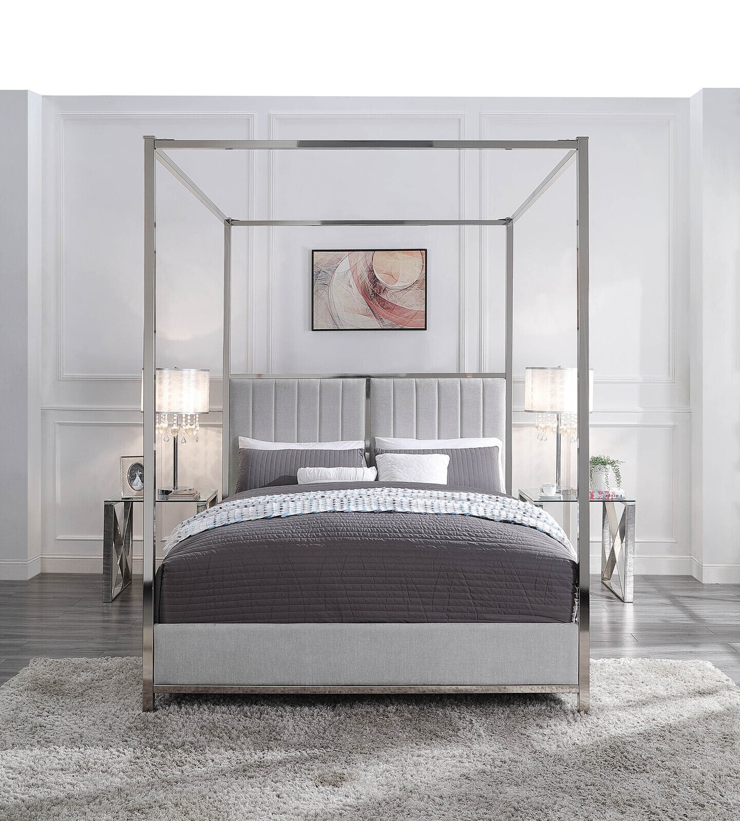 Kingston 4 Poster Upholstered Bed Chrome Plated Bed - Queen Bed