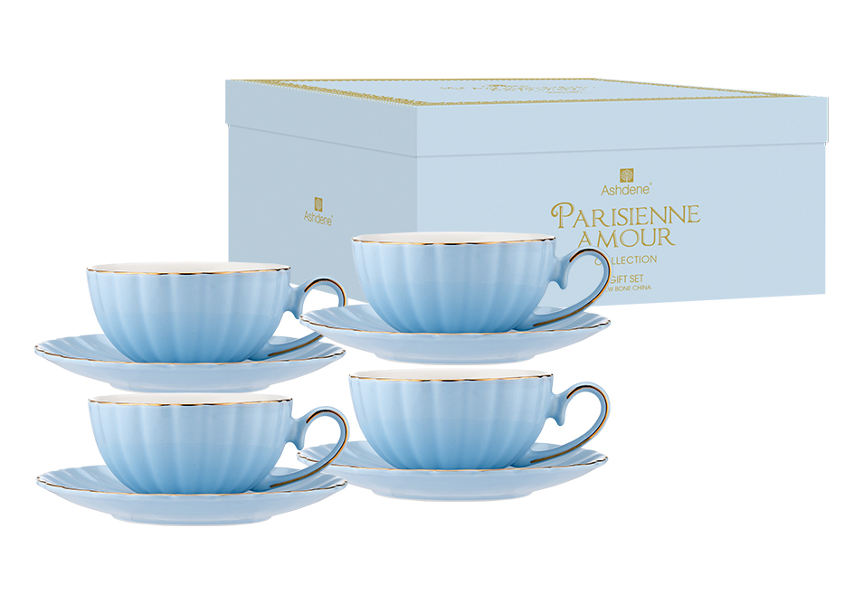 Parisienne Amour Blue Bell Cup + Saucer Set Of 4