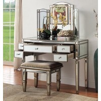 Rochelle Mirror 3 PCE Dressing Table with Tri Fold Mirror & Stool Antique Brushed Silver Wood Frame