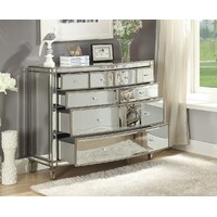 Rochelle Mirror Wide Chest 8 Drawers Antique Brushed Silver Wood Frame