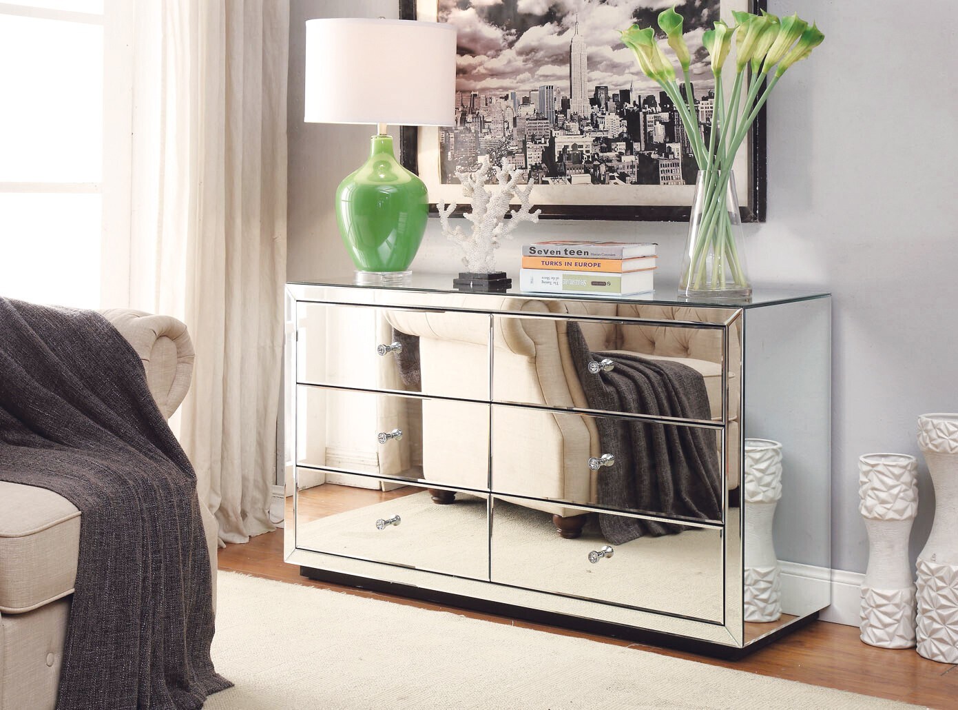 Boulevard Silver Mirror Low Chest 6 Drawers