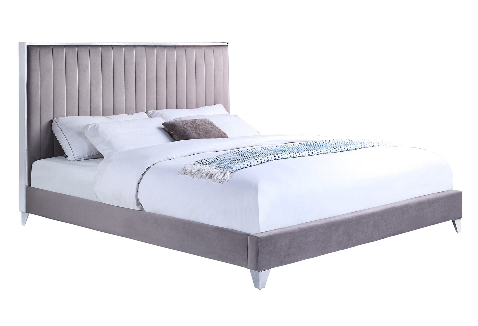 Silverdale Upholstered Queen Bed Chrome Frame Opulent Velvet Steel Fabric