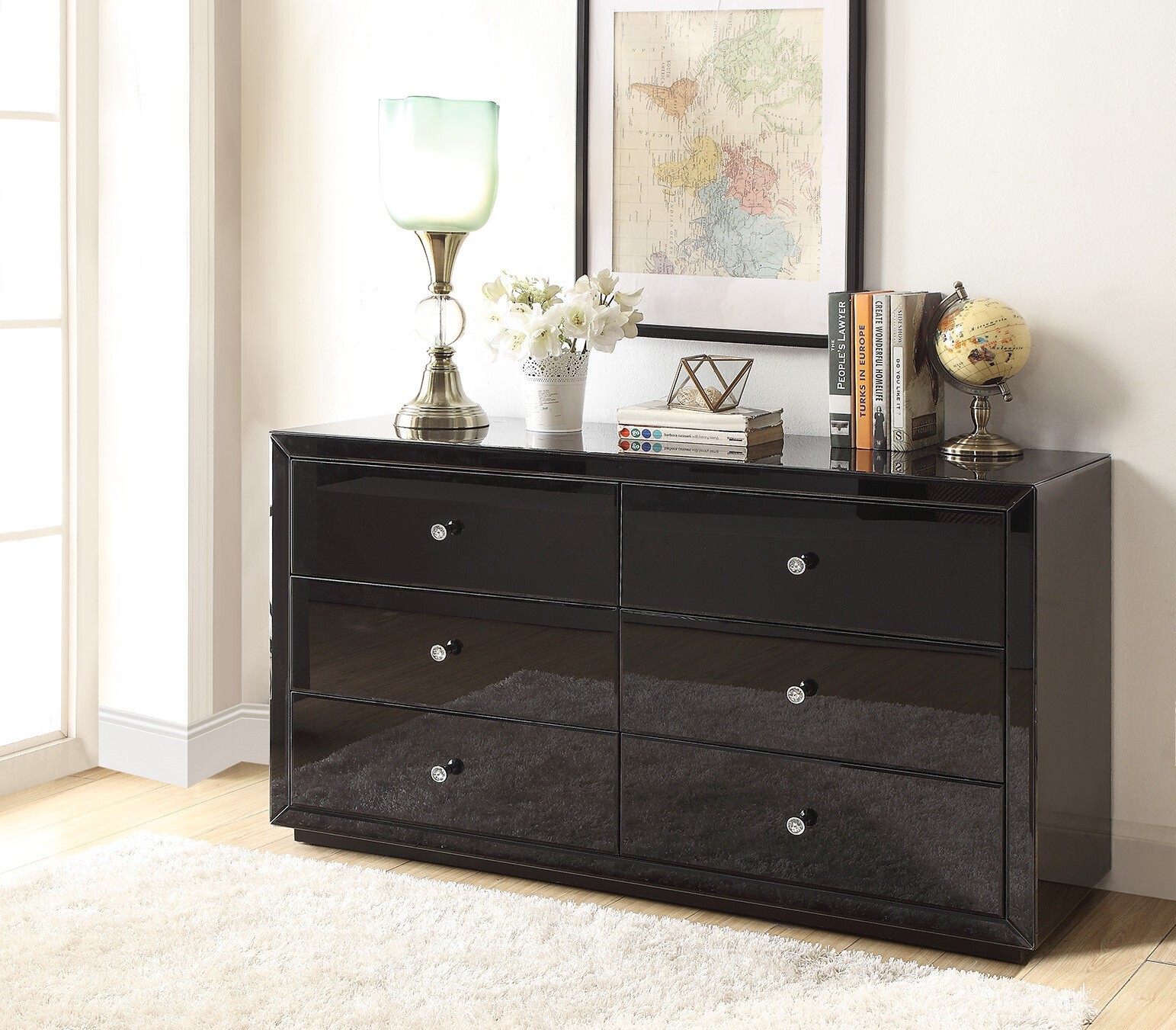 Boulevard Black Glass Low Chest 6 Drawers