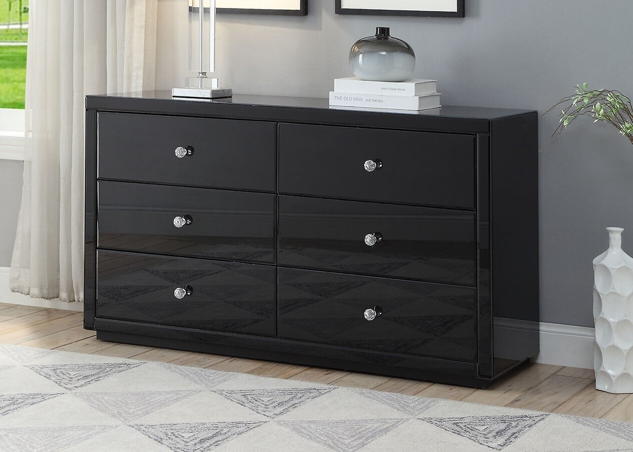 Venice Black Glass Low Chest 6 Drawers