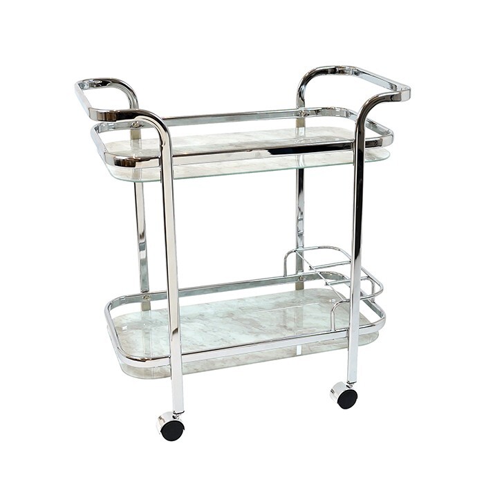 Derbridge Silver Chrome Bar Cart with White Marble Glass
