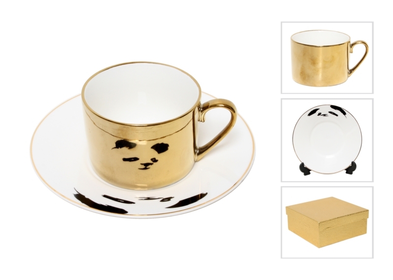 Reflection Coffee Cup and Saucer Gold Plated Panda Pattern