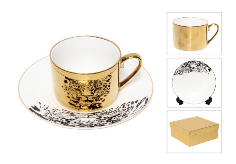 Reflection Coffee Cup and Saucer Gold Plated Giraffe Pattern