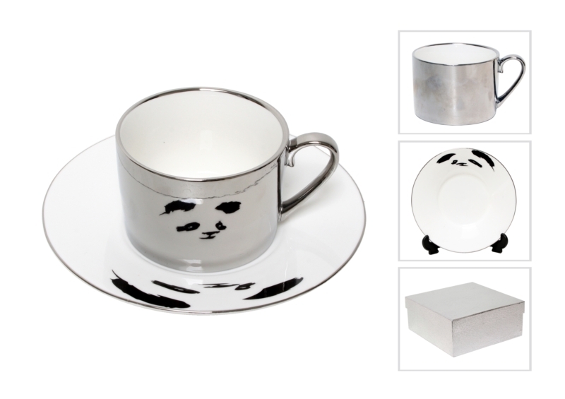 Reflection Coffee Cup and Saucer Silver Plated Panda Pattern