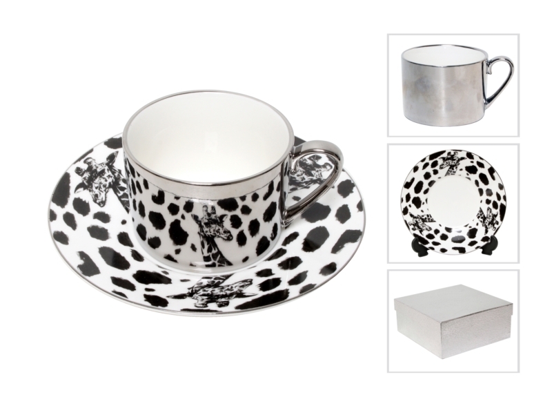 Reflection Coffee Cup and Saucer Silver Plated Giraffe Pattern