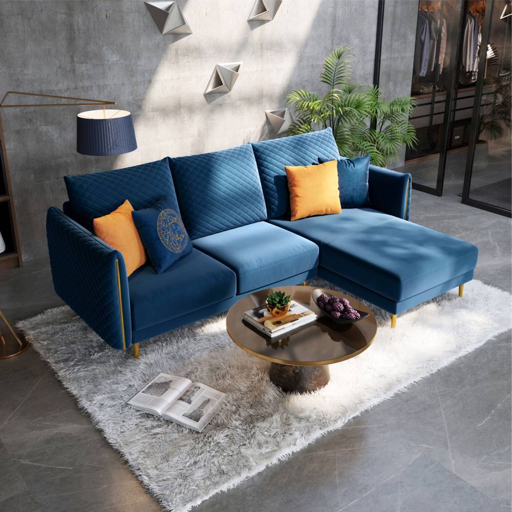 Versace 3 Seater Sofa with Right Hand Chaise - Blue