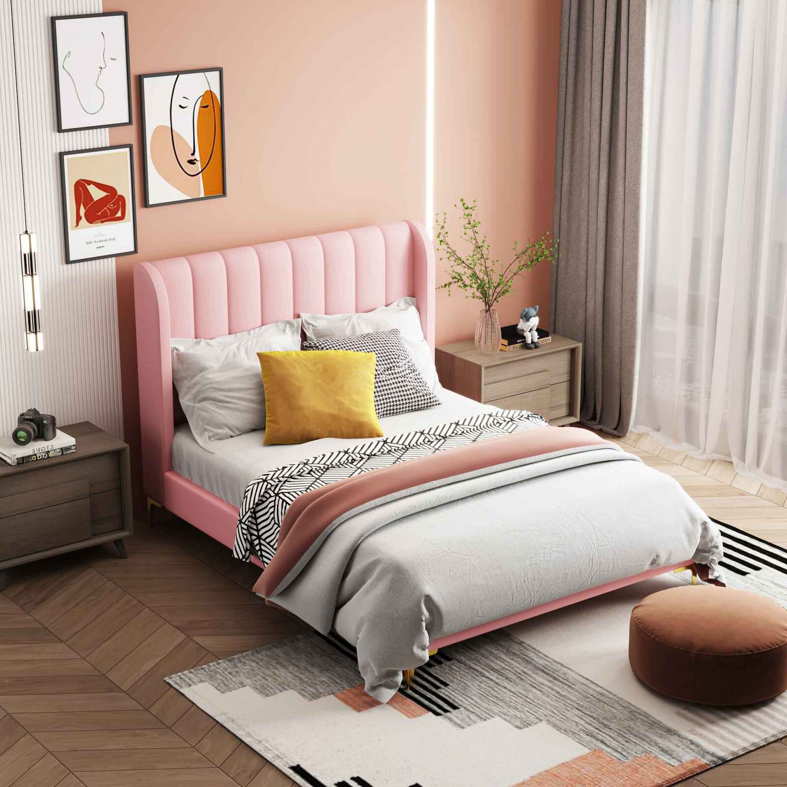 Charlotte Fabric Double Bed Frame - Dusty Pink