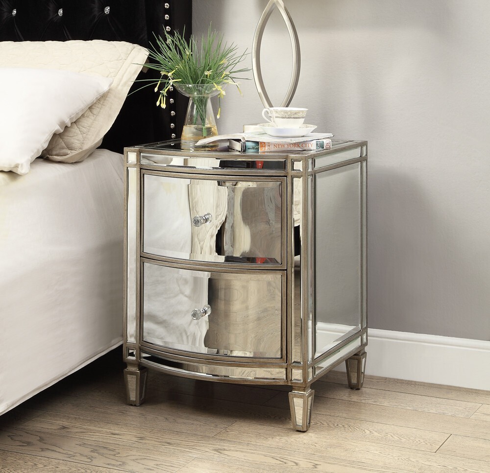 Rochelle Mirror Bedside Table Antique Brushed Silver Wood Frame
