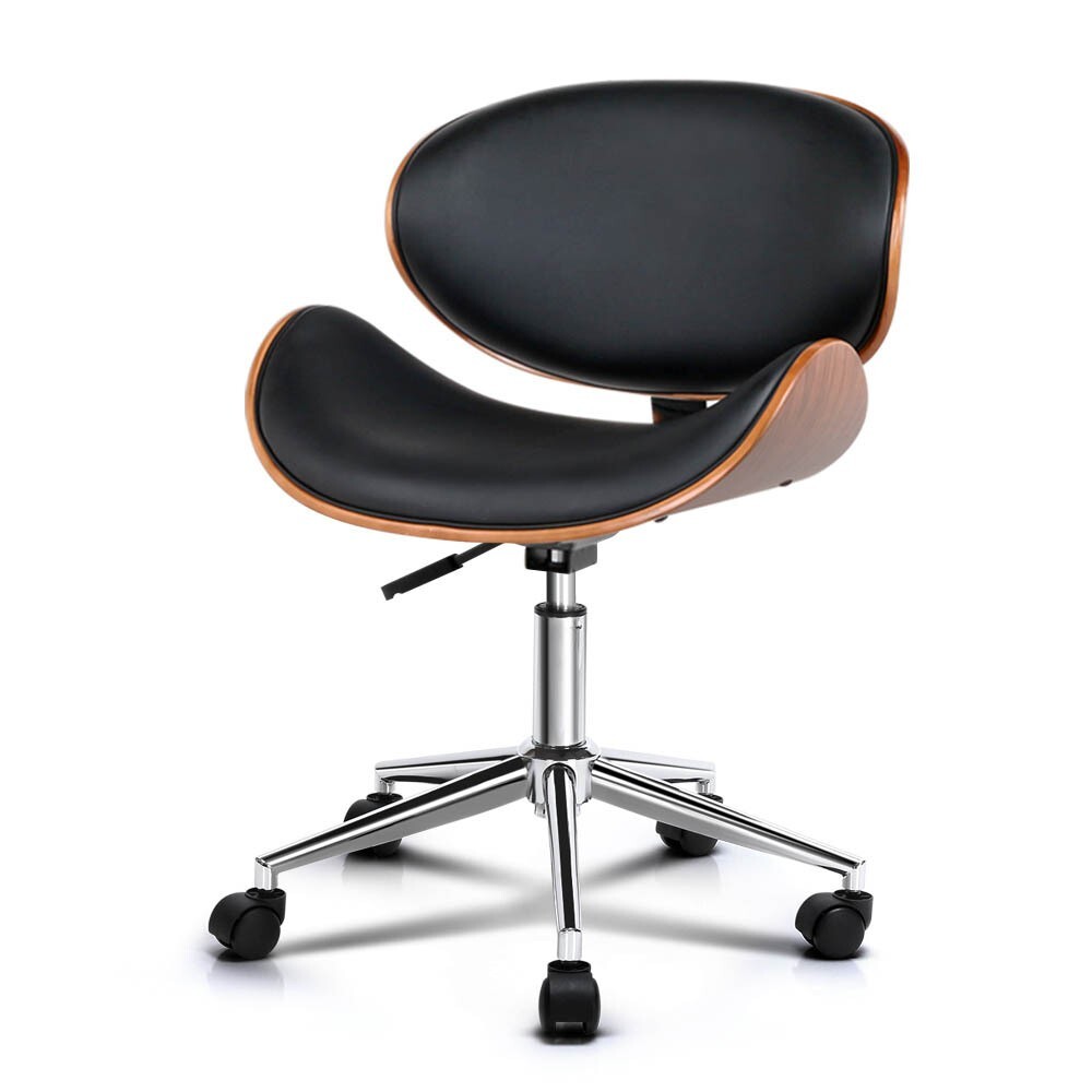 Retro Wooden & PU Leather Office Desk Chair - Black