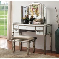 Rochelle Mirror 3 PCE Dressing Table with Tri Fold Mirror & Stool Antique Brushed Silver Wood Frame