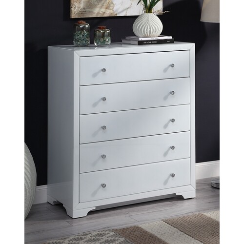 Boulevard White Glass Tallboy 5 Drawers