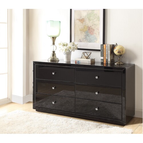 Boulevard Black Glass Low Chest 6 Drawers