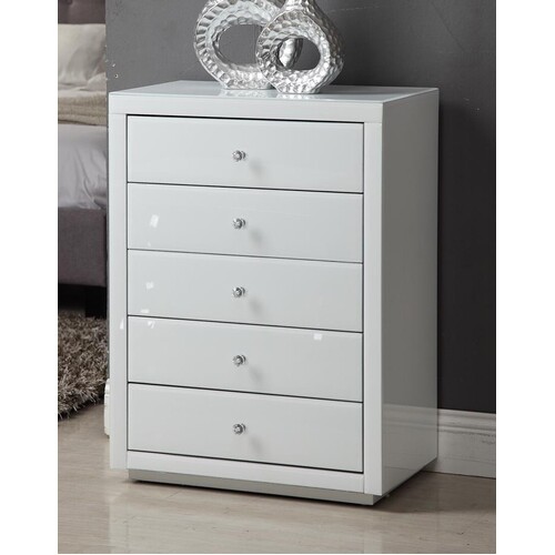 Venice White Glass Tallboy 5 Drawers