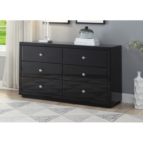 Venice Black Glass Low Chest 6 Drawers