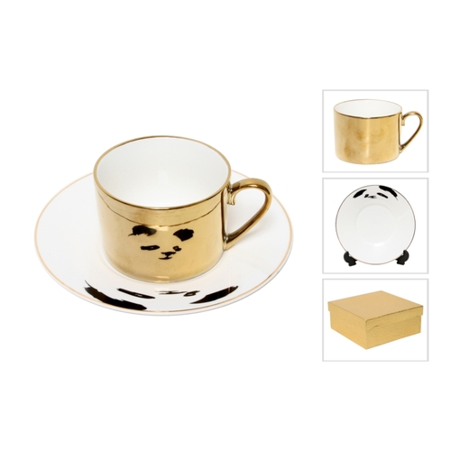 Reflection Coffee Cup and Saucer Gold Plated Panda Pattern
