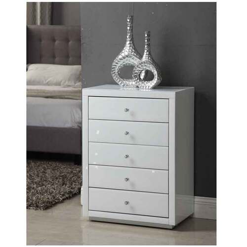 Vegas White Glass Tallboy 5 Drawer