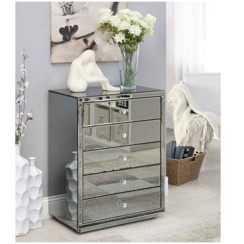 Vegas Smoke Mirrored Tallboy 5 Drawer