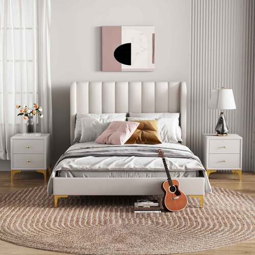 Charlotte Fabric Double Bed Frame - Bone