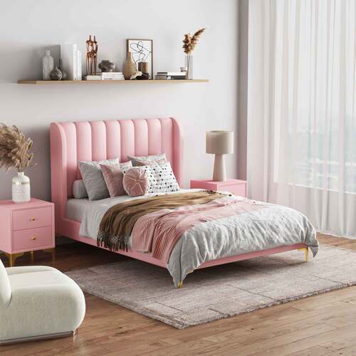 Charlotte Fabric Queen Bed Frame - Dusty Pink