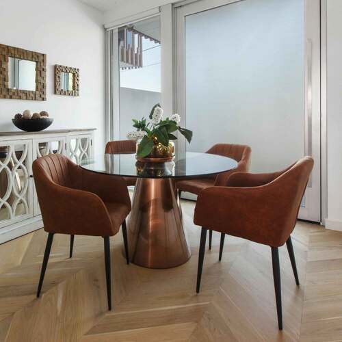 Benton Round Glass Dining Table with Copper Base
