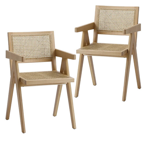 Set of  2 Castro Beech Timber & Rattan Dining Armchair, Natural