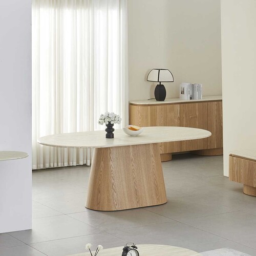 Windsor Oval Dining Table - White Travertine Matte Marble Top