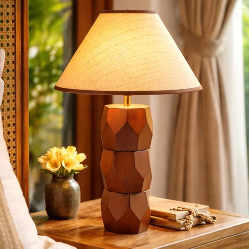 Helena Hand-Faceted Wooden Base Table Lamp, Woven