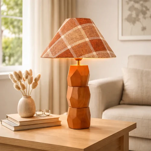 Helena Hand-Faceted Wooden Base Table Lamp, Woven, Plaid