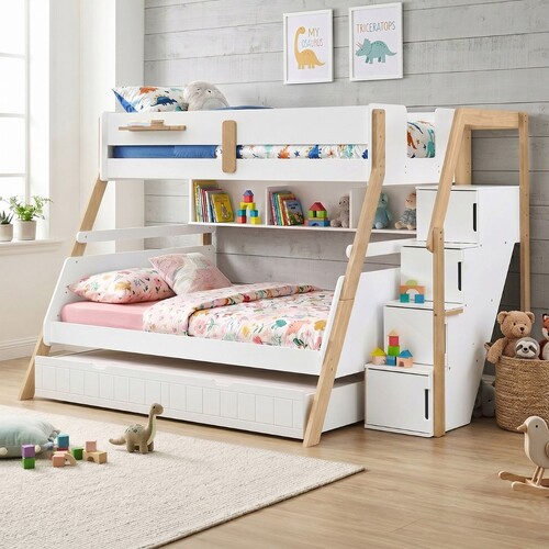 Bergen Single Over Double Bunk Bed with Shelves & Double Trundle