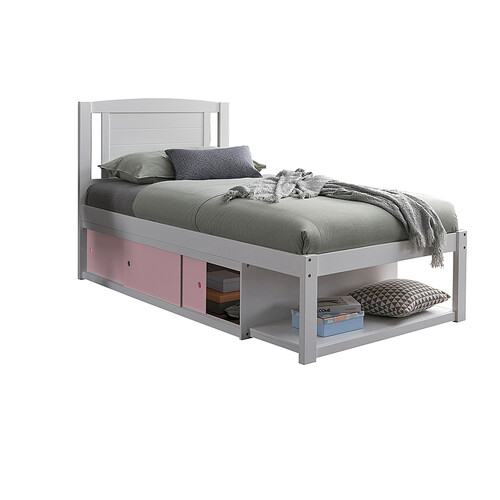 Fontana Single Bed with Storage Sliding Door, White & Light Pink