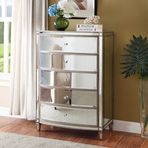 Rochelle Mirror 5 Drawer Tallboy Antique Brushed Silver Wood Frame