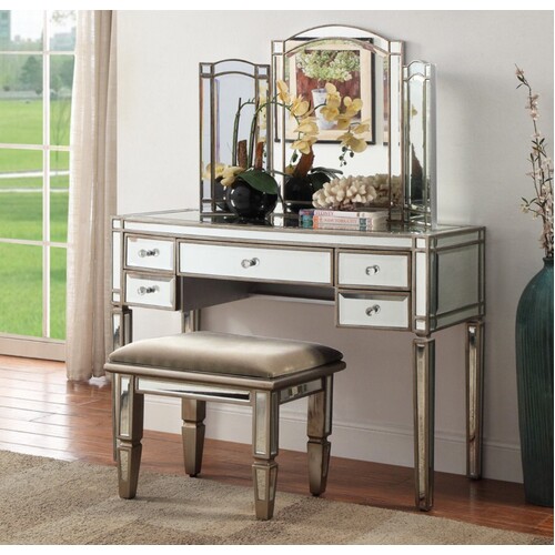 Rochelle Mirror 3 PCE Dressing Table with Tri Fold Mirror & Stool