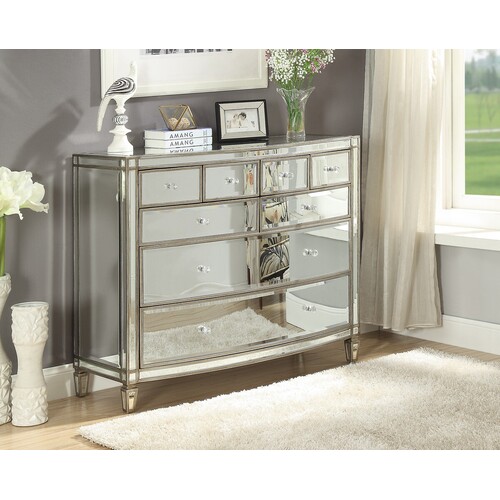 Rochelle Mirror Wide Chest 8 Drawers Antique Brushed Silver Wood Frame